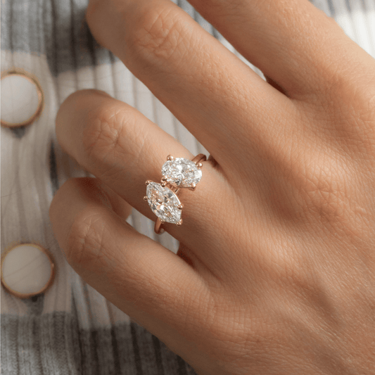 3.02 Carat Lab Grown Marquise Diamond Toi Et Moi Engagement Ring in 14K Yellow Gold