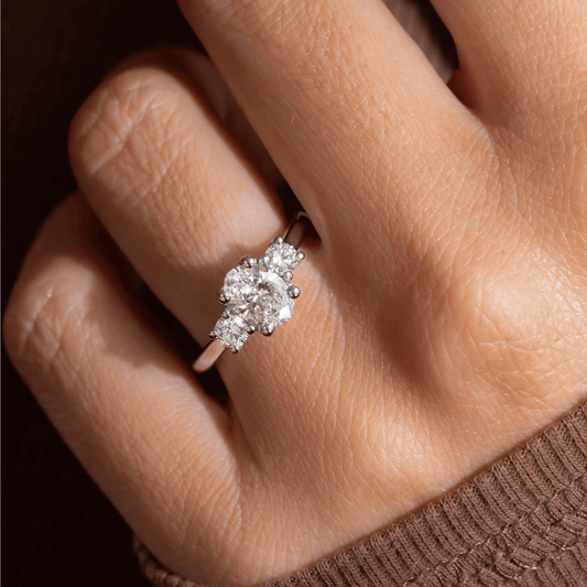 1.10 Carat Lab Grown Oval Diamond Trilogy Rohini Engagement Ring in Platinum