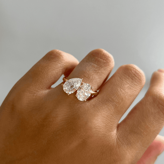 3.03 Carat Lab Grown Pear Diamond Toi Et Moi Engagement Ring in 14K Yellow Gold