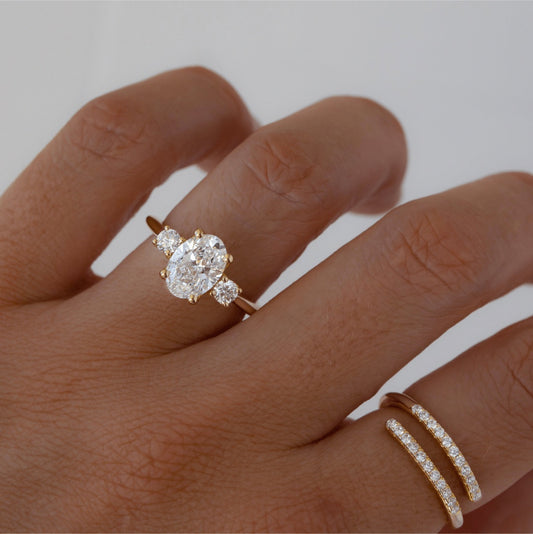 2.15 Carat Lab Grown Oval Diamond Trilogy Rohini Engagement Ring in 14K Yellow Gold