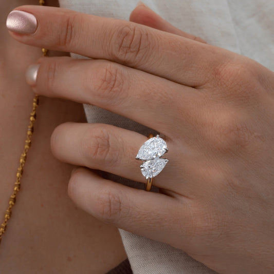 4.00 Carat Lab Grown Pear Diamond Toi Et Moi Two Tone Engagement Ring in Platinum