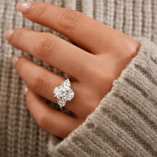 3.30 Carat Lab Grown Oval Diamond Trilogy Two Tone Venus Engagement Ring in Platinum