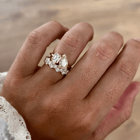 1.90 Carat Lab Grown Pear Emerald Toi Et Moi Half Bezel Engagement Ring in 14K Gold