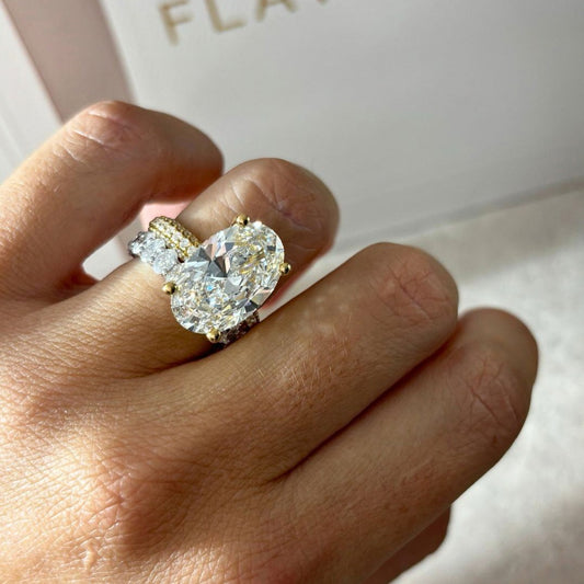 7.75 Carat Lab Grown Oval Diamond Hidden Halo Band Ishq Engagement Ring in 14K Yellow Gold