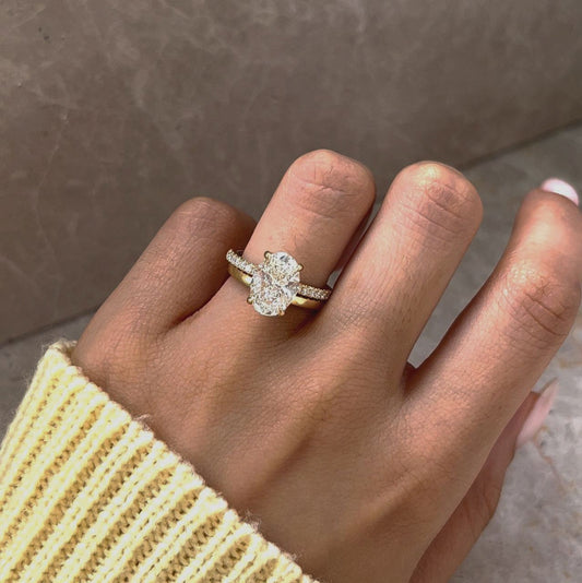 3.21 Carat Lab Grown Oval Diamond Hidden Halo Pave Kate Engagement Ring in 14K Yellow Gold