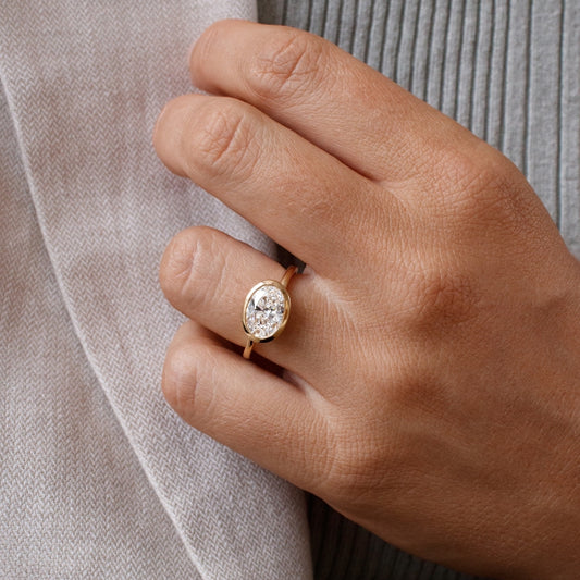 2.00 Carat Lab Grown Oval Diamond East West Bezel Sydney Engagement Ring in 14K Yellow Gold