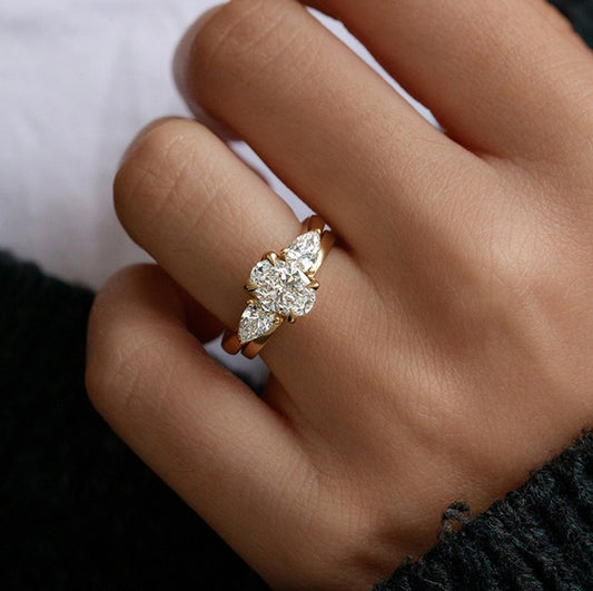 1.50 Carat Lab Grown Oval Diamond Trilogy Ciara Engagement Ring in 14K Yellow Gold