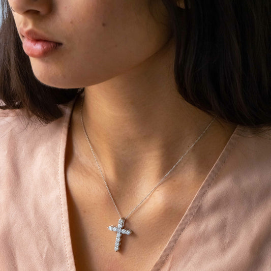 2.10 Carat Lab Grown Round Diamond Micro Set Cross Pendant in 14K White Gold