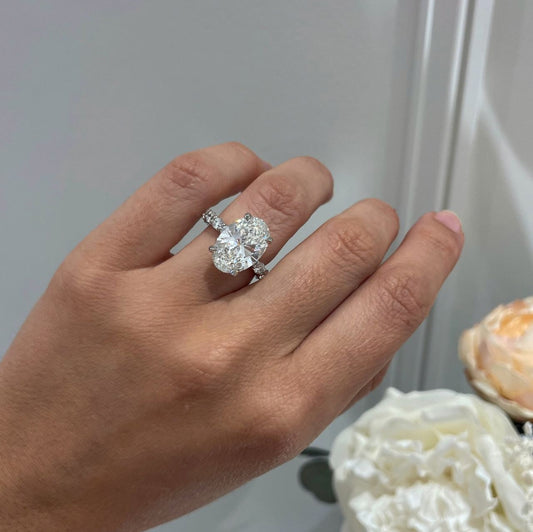 6.25 Carat Lab Grown Oval Diamond Hidden Halo Band Regent Engagement Ring in Platinum