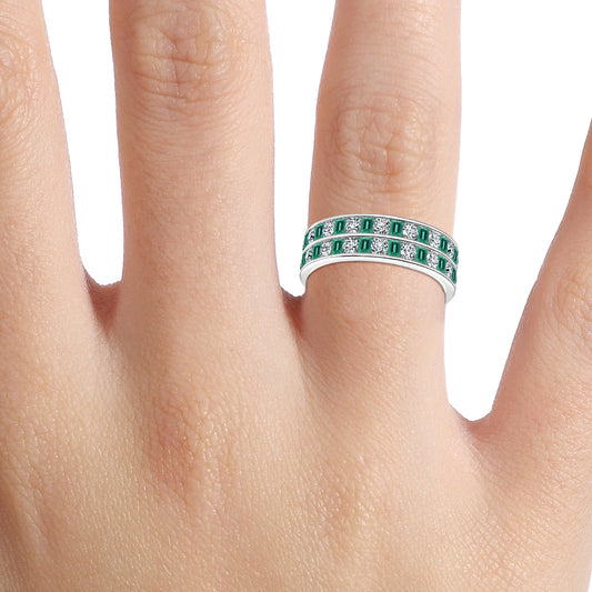 2.06 Carat Lab Grown Round And Emerald Emerald Bradley Green Wedding Band in Platinum
