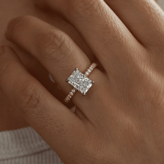 1.85 Carat Lab Grown Radiant Diamond Hidden Halo Band Two Tone Sadie Engagement Ring in Platinum