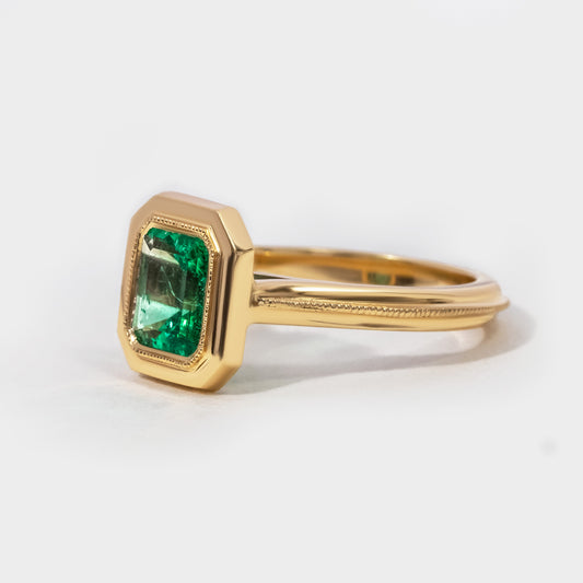 1.40 Carat Lab Grown Emerald Colombian Bezel Set Engagement Ring in 14K Gold
