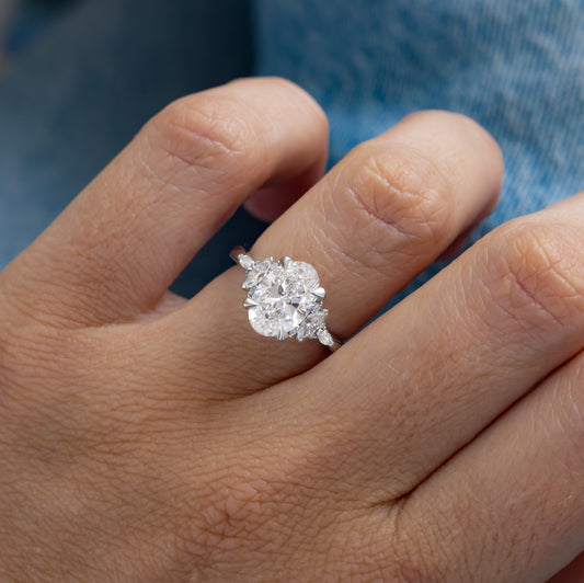 2.30 Carat Lab Grown Oval Diamond Trilogy Lucia Engagement Ring in Platinum