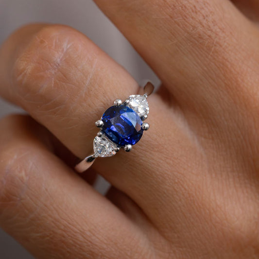 2.85 Carat Lab Grown Oval Sapphire Blue Trilogy Venus Bespoke Engagement Ring in Platinum