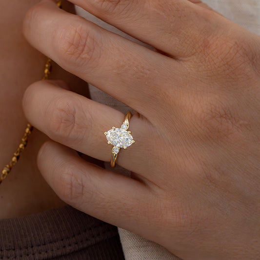 1.26 Carat Lab Grown Oval Diamond Trilogy Alani Engagement Ring in 14K Yellow Gold