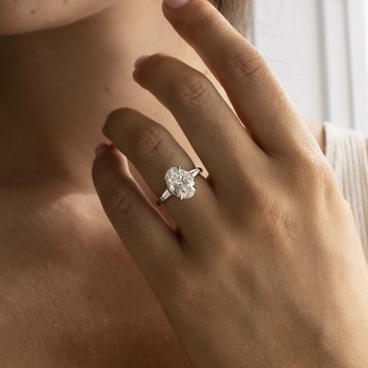 3.30 Carat Lab Grown Oval Diamond Kenzo Trilogy Engagement Ring in Platinum