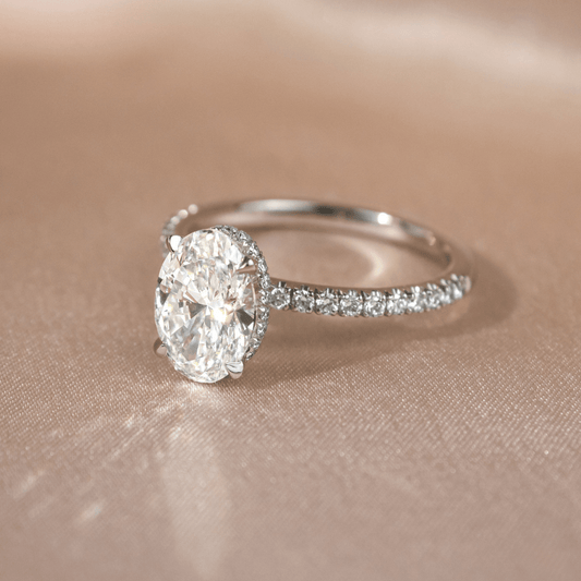 2.44 Carat Lab Grown Oval Diamond Samara Hidden Halo Engagement Ring in Platinum