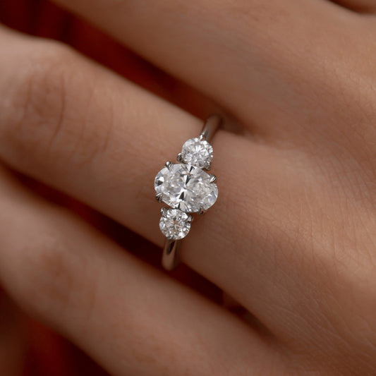 1.20 Carat Lab Grown Oval Diamond Trinity Trilogy Engagement Ring in Platinum