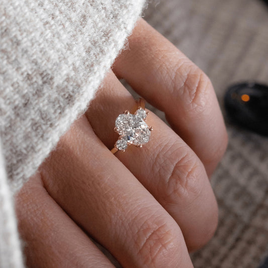 2.05 Carat Lab Grown Oval Diamond Trilogy Rohini Engagement Ring in 14K Yellow Gold