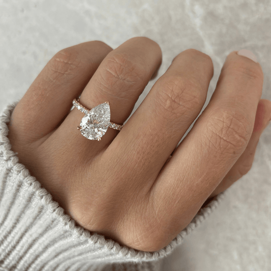 3.80 Carat Lab Grown Pear Diamond Hidden Halo Band Kate Engagement Ring in 14K Yellow Gold