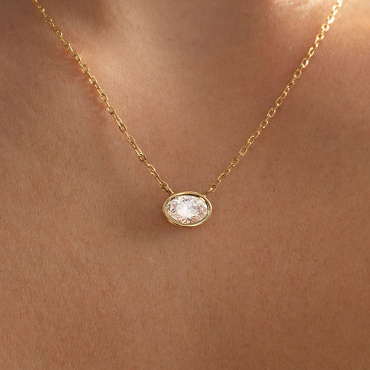 2.00 Carat Lab Grown Oval Diamond East West Bezel Set Pendant in 14K Yellow Gold