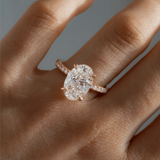 3.95 Carat Lab Grown Oval Diamond Hidden Halo Samara Engagement Ring in 14K Yellow Gold