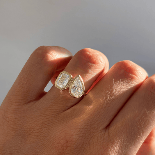 3.07 Carat Lab Grown Emerald Toi Et Moi Engagement Ring in 14K Yellow Gold