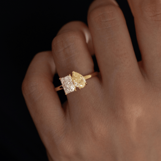 2.20 Carat Lab Grown Radiant Diamond Fancy Yellow Toi Et Moi Engagement Ring in 14K Gold