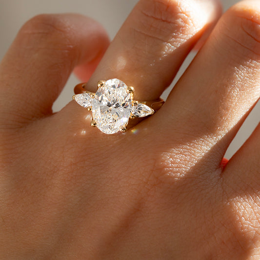2.50 Carat Lab Grown Oval Diamond Trilogy Bespoke Ciara Engagement Ring in 14K Yellow Gold