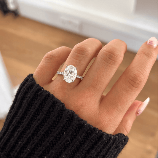 3.85 Carat Lab Grown Oval Diamond Hidden Halo Samara Engagement Ring in Platinum