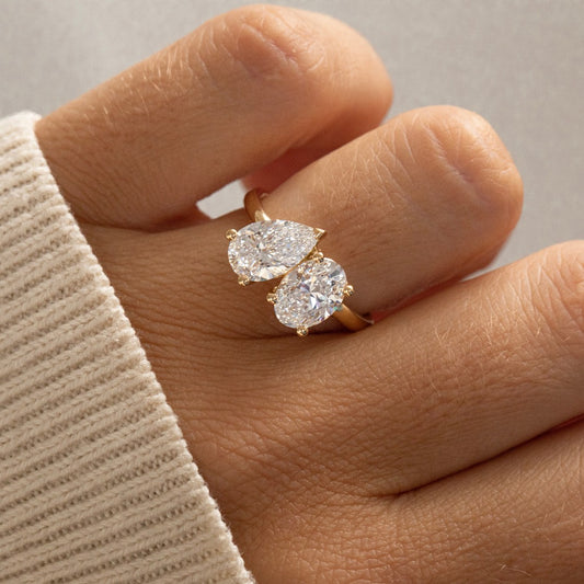 3.13 Carat Lab Grown Pear Diamond Toi Et Moi Engagement Ring in 14K Yellow Gold