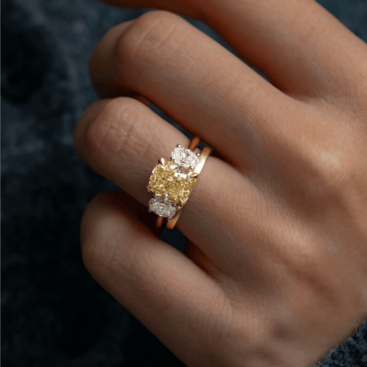 2.90 Carat Lab Grown Elongated Cushion Diamond Elongated Yellow Trilogy Bespoke Two Tone Engagement Ring in Platinum
