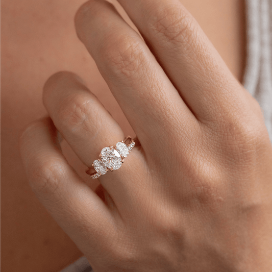 1.45 Carat Lab Grown Oval Diamond Trilogy Rohini Engagement Ring in 14K Yellow Gold