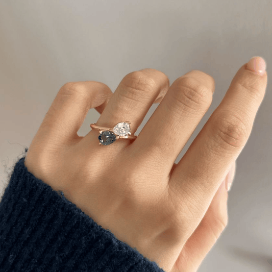1.70 Carat Lab Grown Pear Sapphire Teal Toi Et Moi Engagement Ring in 14K Yellow Gold