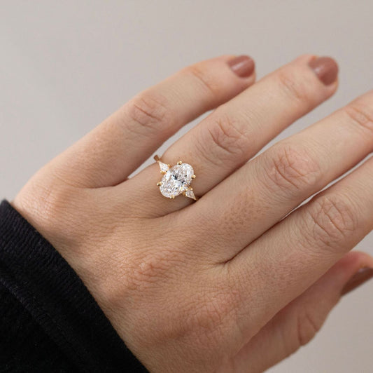 2.63 Carat Lab Grown Oval Diamond Trilogy Anam Cara Engagement Ring in 14K Yellow Gold