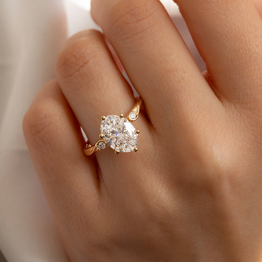2.66 Carat Lab Grown Oval Diamond Trilogy Alani Engagement Ring in 14K Yellow Gold