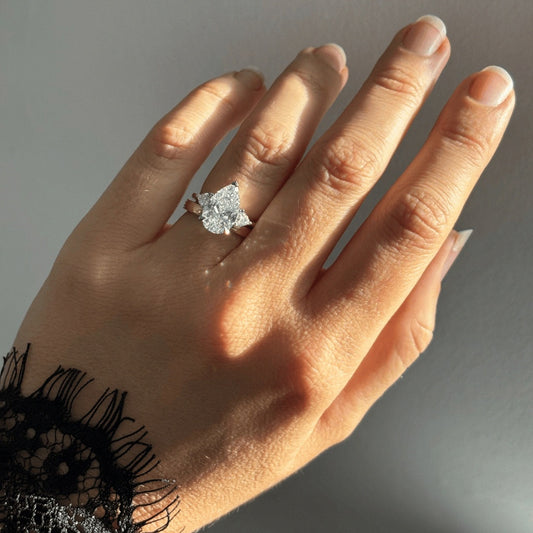 3.30 Carat Lab Grown Pear Diamond Trilogy Manilla Engagement Ring in 14K Yellow Gold