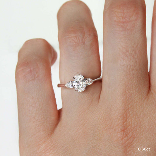 0.90 Carat Lab Grown Oval Diamond Trilogy Ring Vivian Engagement Ring in Platinum