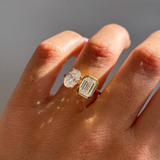 3.30 Carat Lab Grown Emerald Toi Et Moi Engagement Ring in 14K Yellow Gold