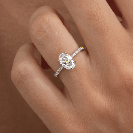 1.35 Carat Lab Grown Oval Diamond Pave Set Hidden Halo Aalia Engagement Ring in Platinum